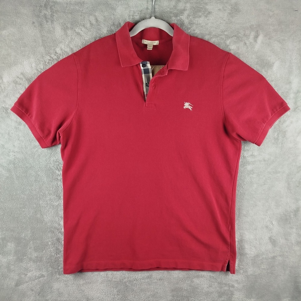 Burberry Brit Men's Polo Shirt Red Nova Check Placket Embroidered Logo Large